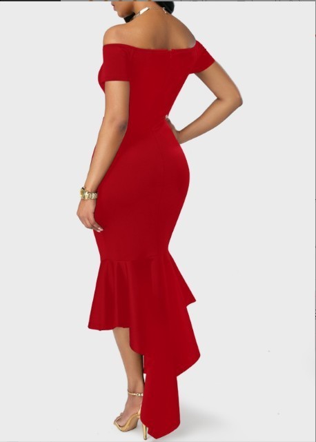 summer womens dress short sleeve off shoulder Vneck irregular hem long skirt banquet slim fit 210331