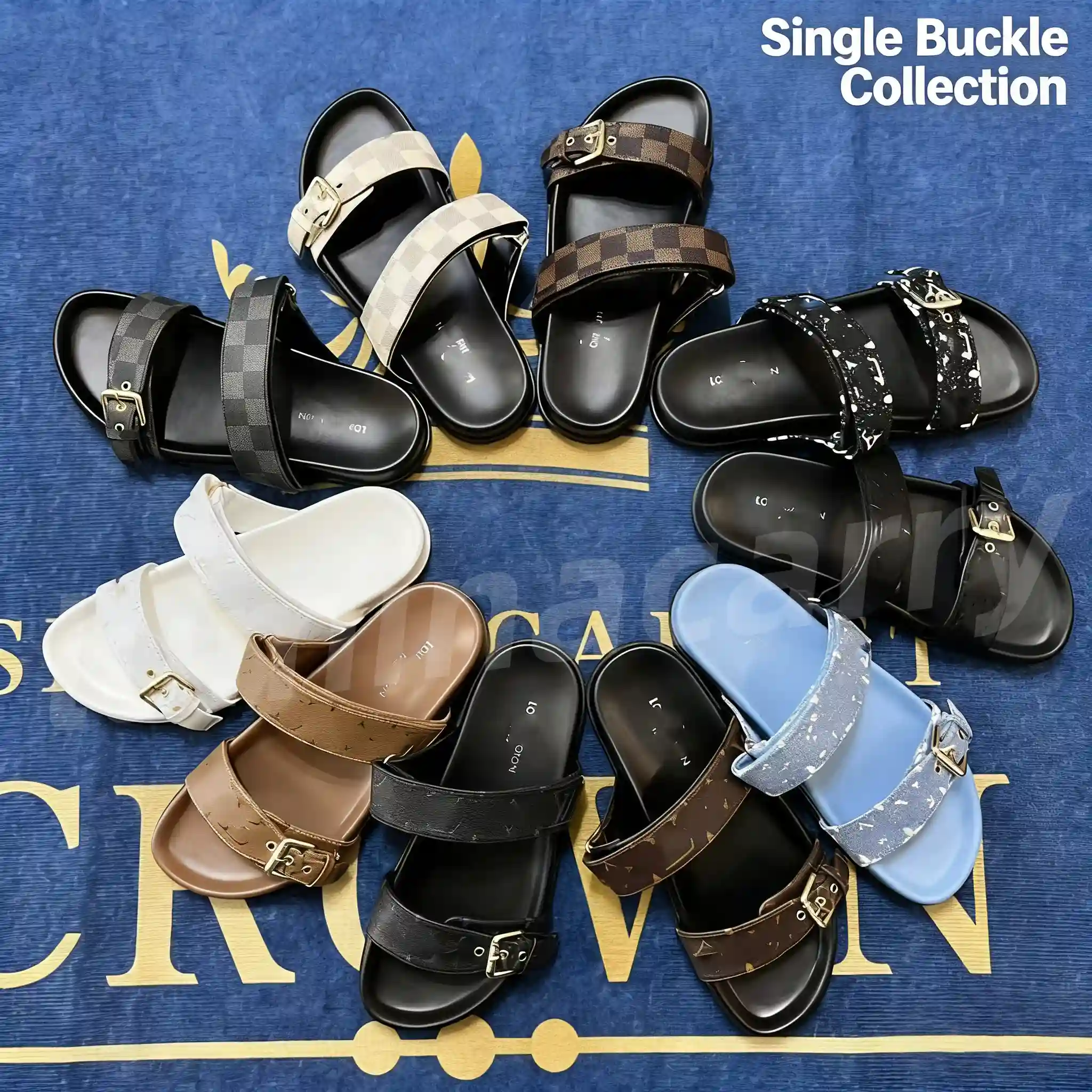 New Summer Designer Brown Black Flat Slippers Slides Brand Sandals Men Women Slides Real Cow Leather Beach Sandals 2 Straps Adjusted Gold Buckles Shoes Size 35-45