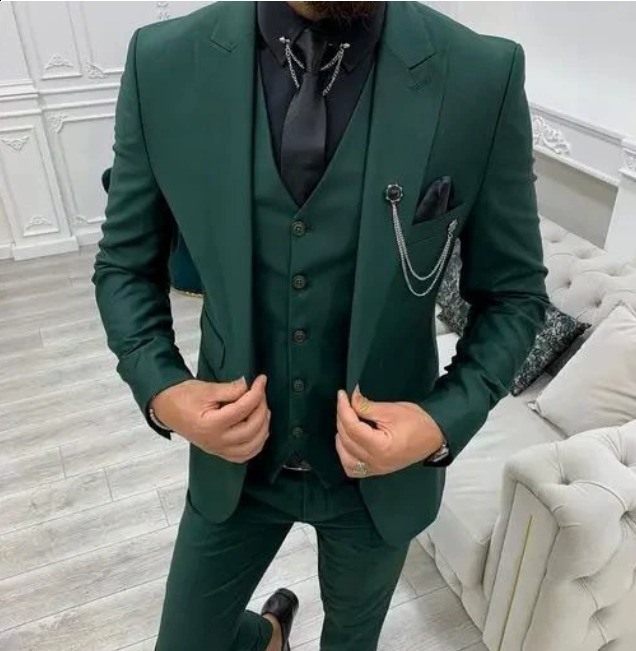 2024 Green Lapel Slim Fit Men Suits 3 Pieces Tuxedos Suit Blazer Sets Groom Wedding Prom Costume 250122