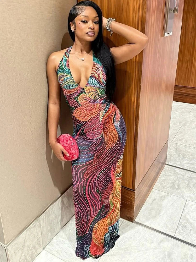 Weird Puss Diamond Print Dress Women Backless Split Colorful Halter Sexy Deep VNeck Elegant Birthday Party Stretch Vestidos 250203