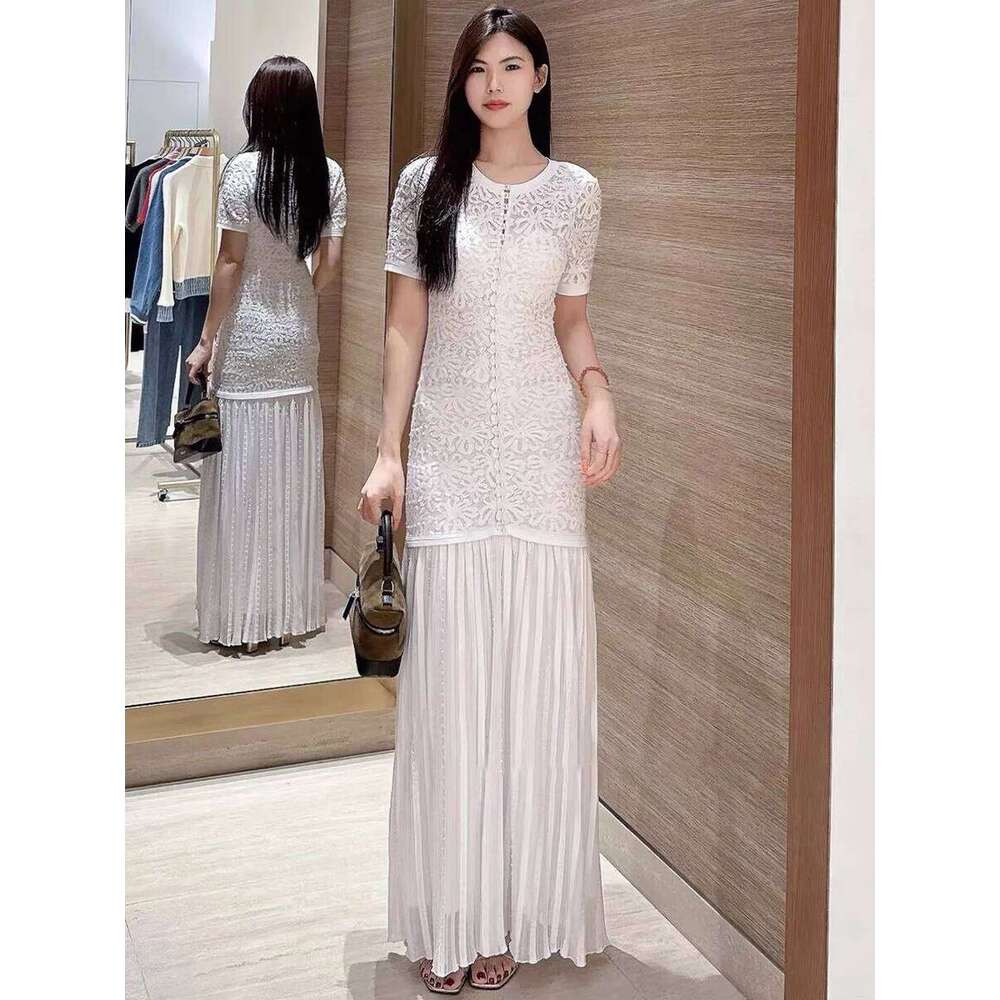 Blue Or White Women Single Breasted Slim Knit Midi Dress High Waist Splices Short Sleeve Lady Pearl Decoration Robe Spring Mdng260223