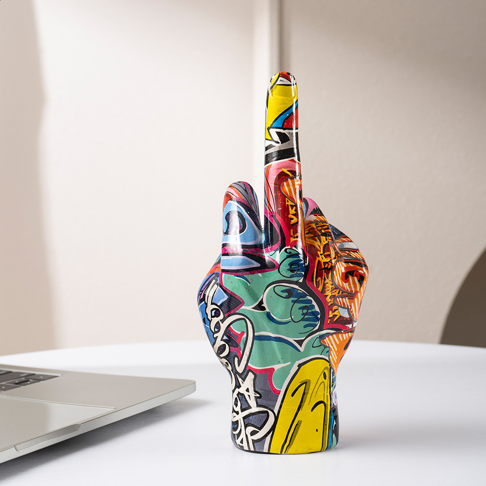 Graffiti Middle Finger Ornament Art And Crafts Resin Gesture Statue Desktop Ring A Living Room Home Decoration 240904