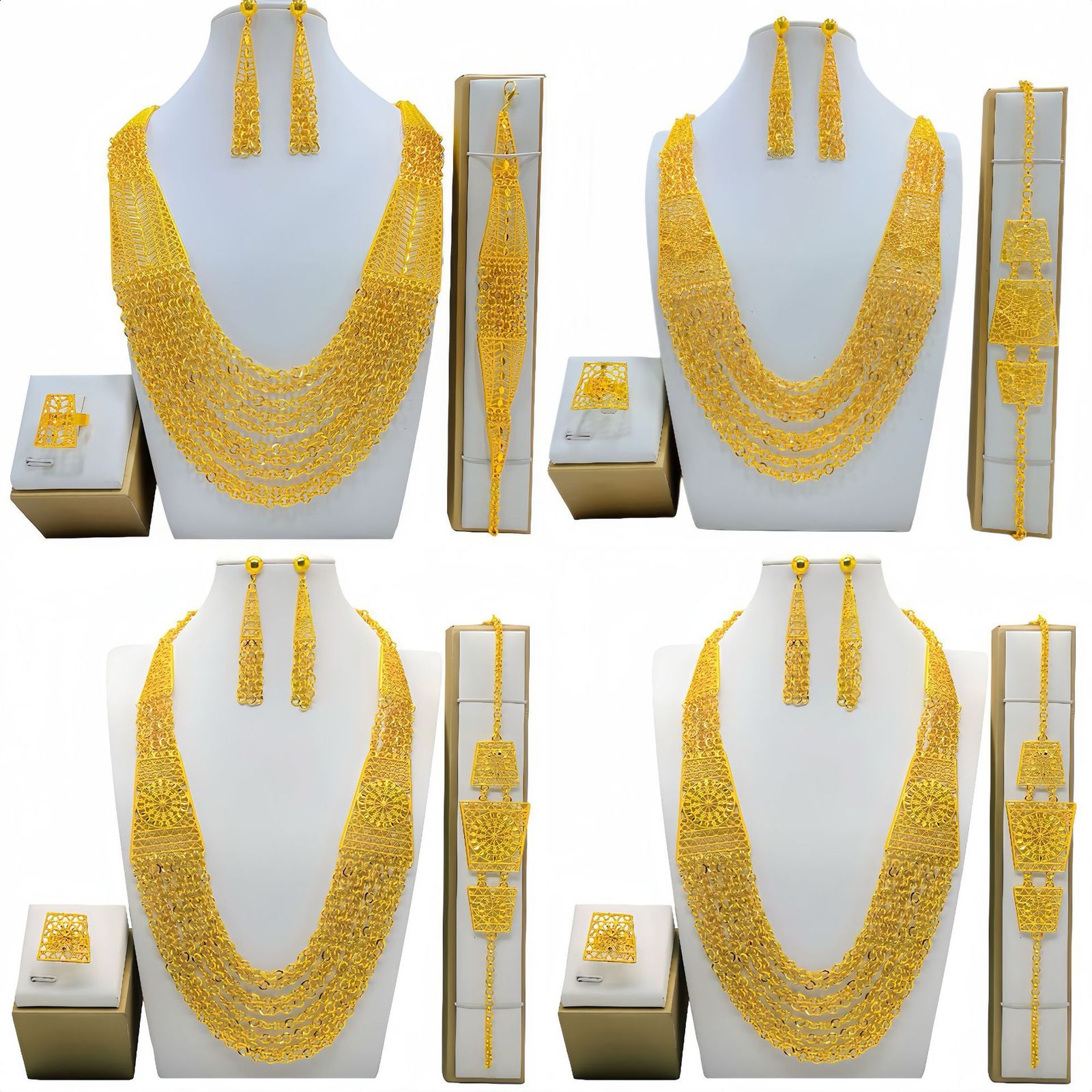 New 24K Gold Plated Dubai bride Necklace Earring Ring Bracelet Set Indian womens jewelry set 250626