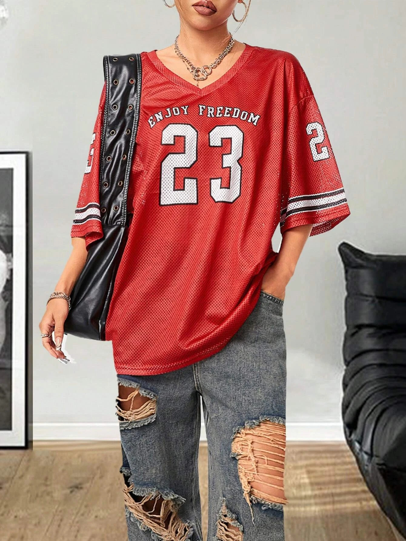 Summer Black Enjoy Freedom 23 Print TShirt For Women VNeck Short Sleeve Mesh Sports Football Jersey Y2K Oversized Tops 260126