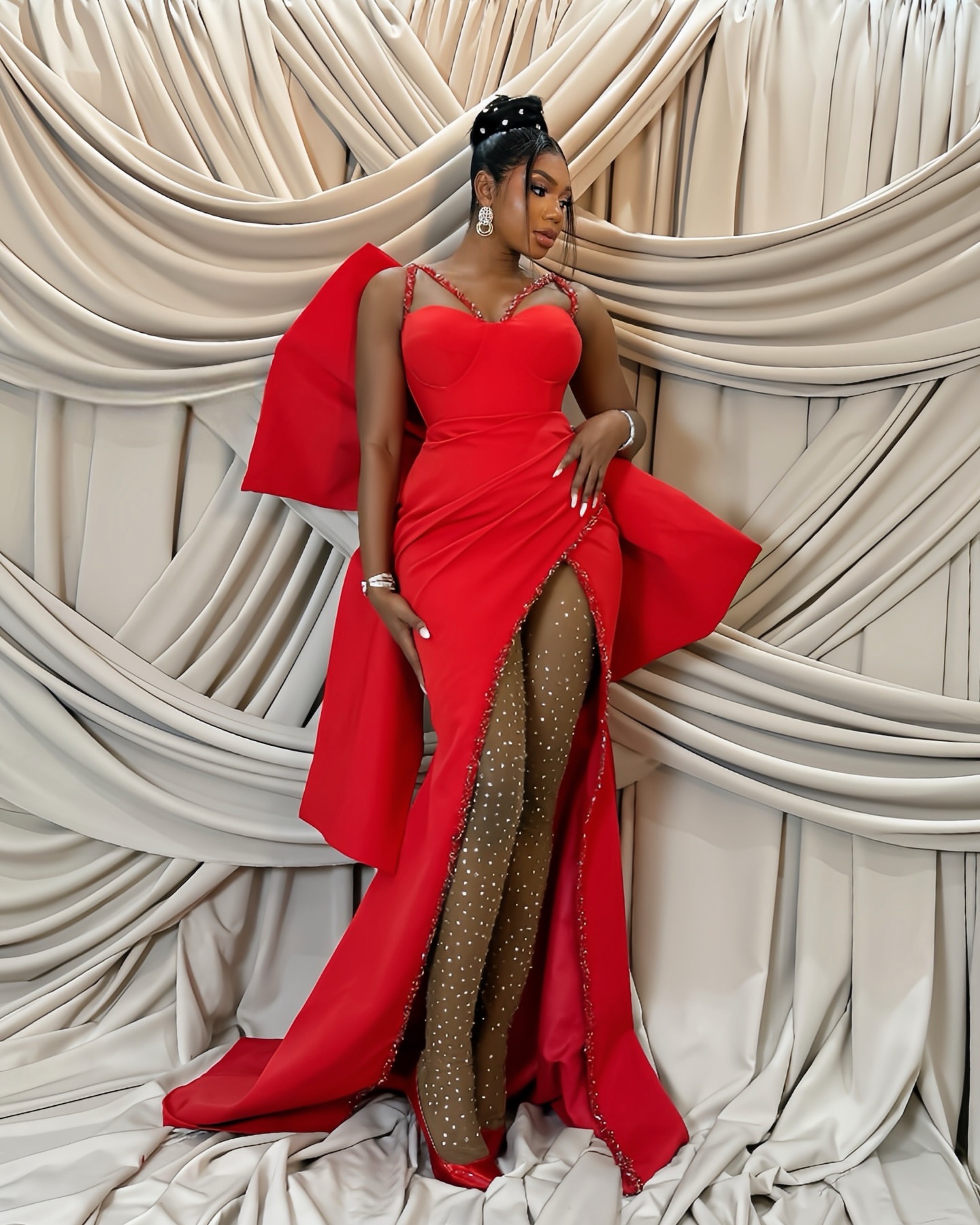 2026 Red Africa Aso Ebi Mermaid Prom Dress Beaded Crystals High Split Satin Bow Promdress Evening Formal Party Second Reception Birthday Engagement Go - view 5