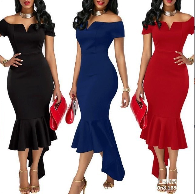summer womens dress short sleeve off shoulder Vneck irregular hem long skirt banquet slim fit 210331