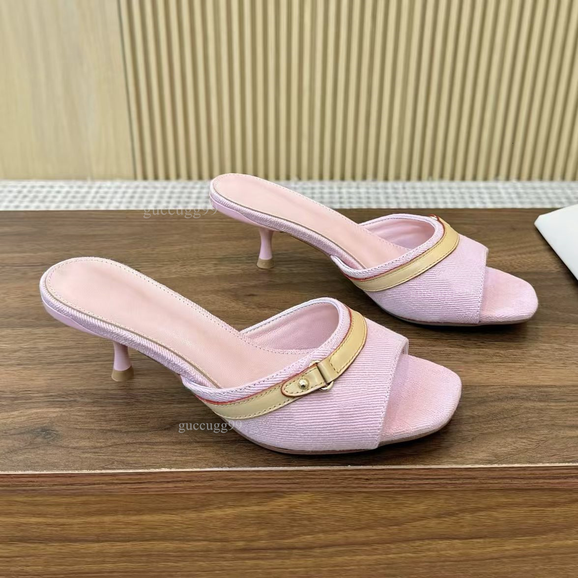 heels x TM Mule pink high heeled designer womens pink denim 3cm 6cm mules Signature Leather outsole models stiletto heel feminine style casual mule sandals