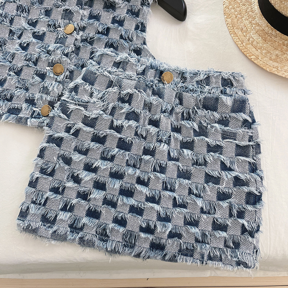 2026 New Designer Luxury Brand Summer Brushed Plaid Denim Vest Skirt Breathable Set Baby Fashion Style Lapel Set 6517