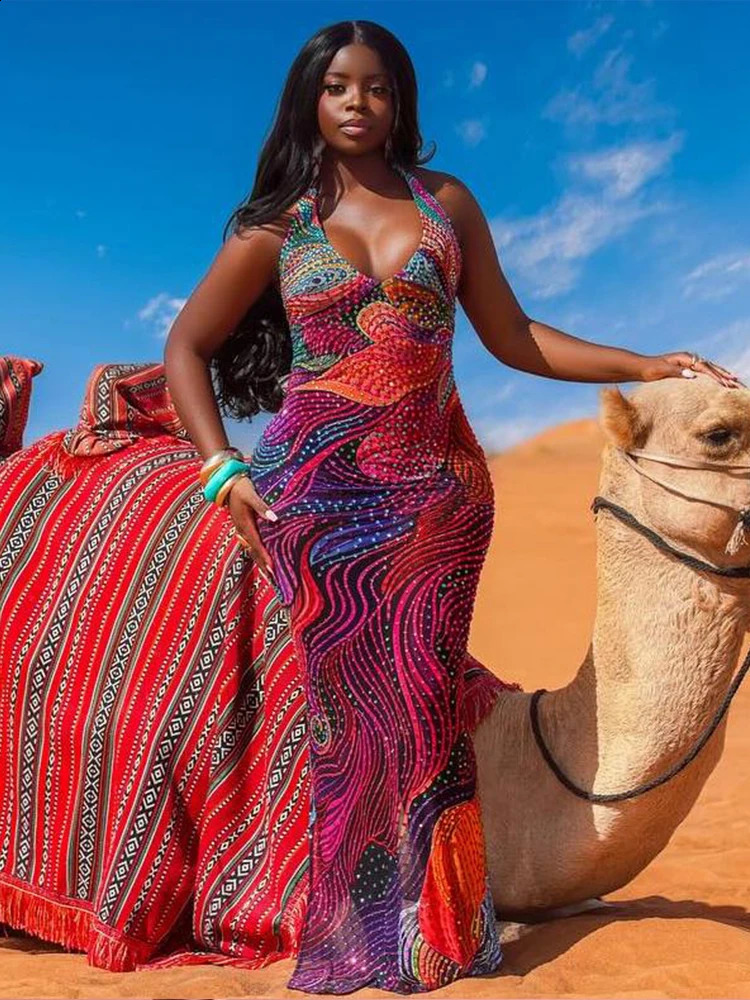 Weird Puss Diamond Print Dress Women Backless Split Colorful Halter Sexy Deep VNeck Elegant Birthday Party Stretch Vestidos 250203