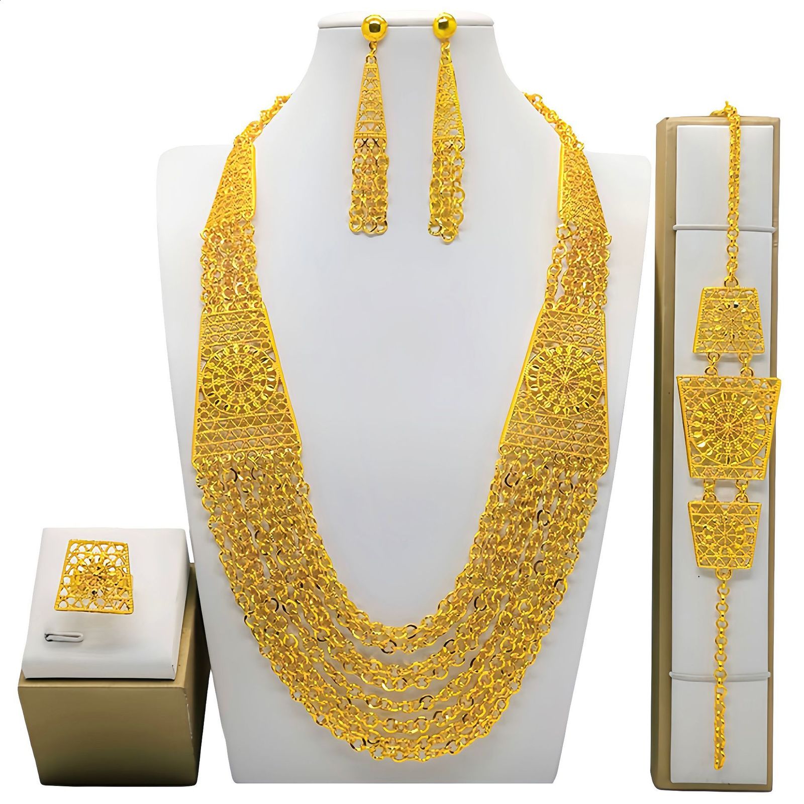 New 24K Gold Plated Dubai bride Necklace Earring Ring Bracelet Set Indian womens jewelry set 250626