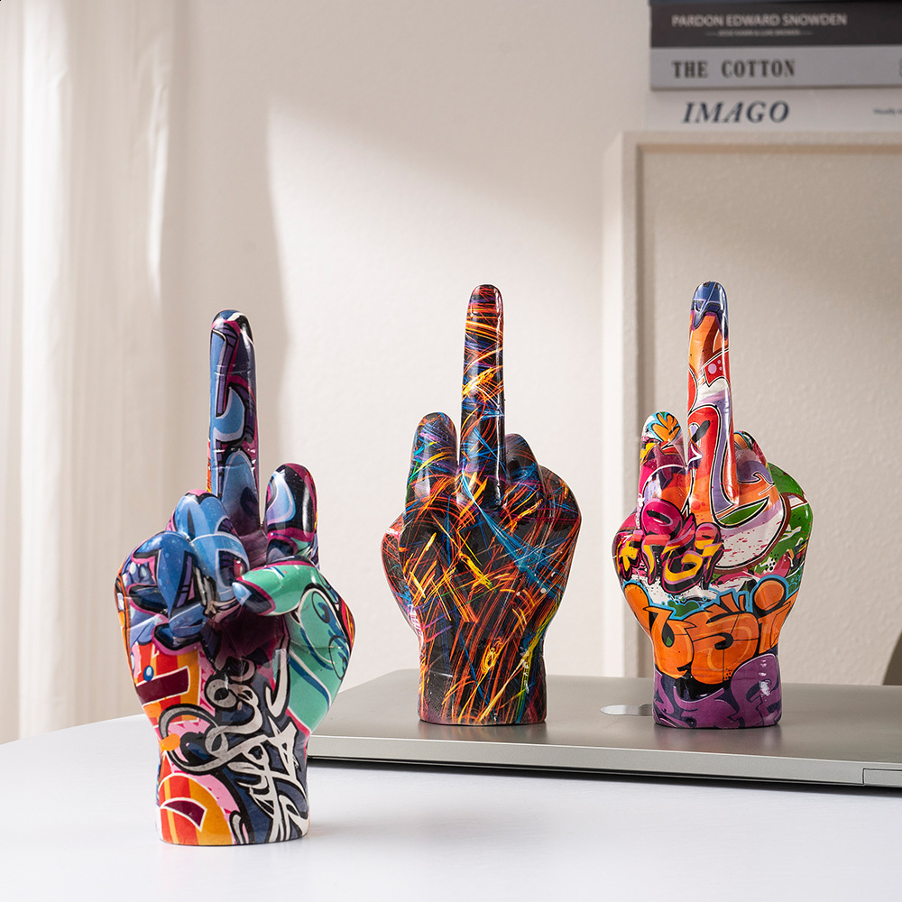 Graffiti Middle Finger Ornament Art And Crafts Resin Gesture Statue Desktop Ring A Living Room Home Decoration 240904