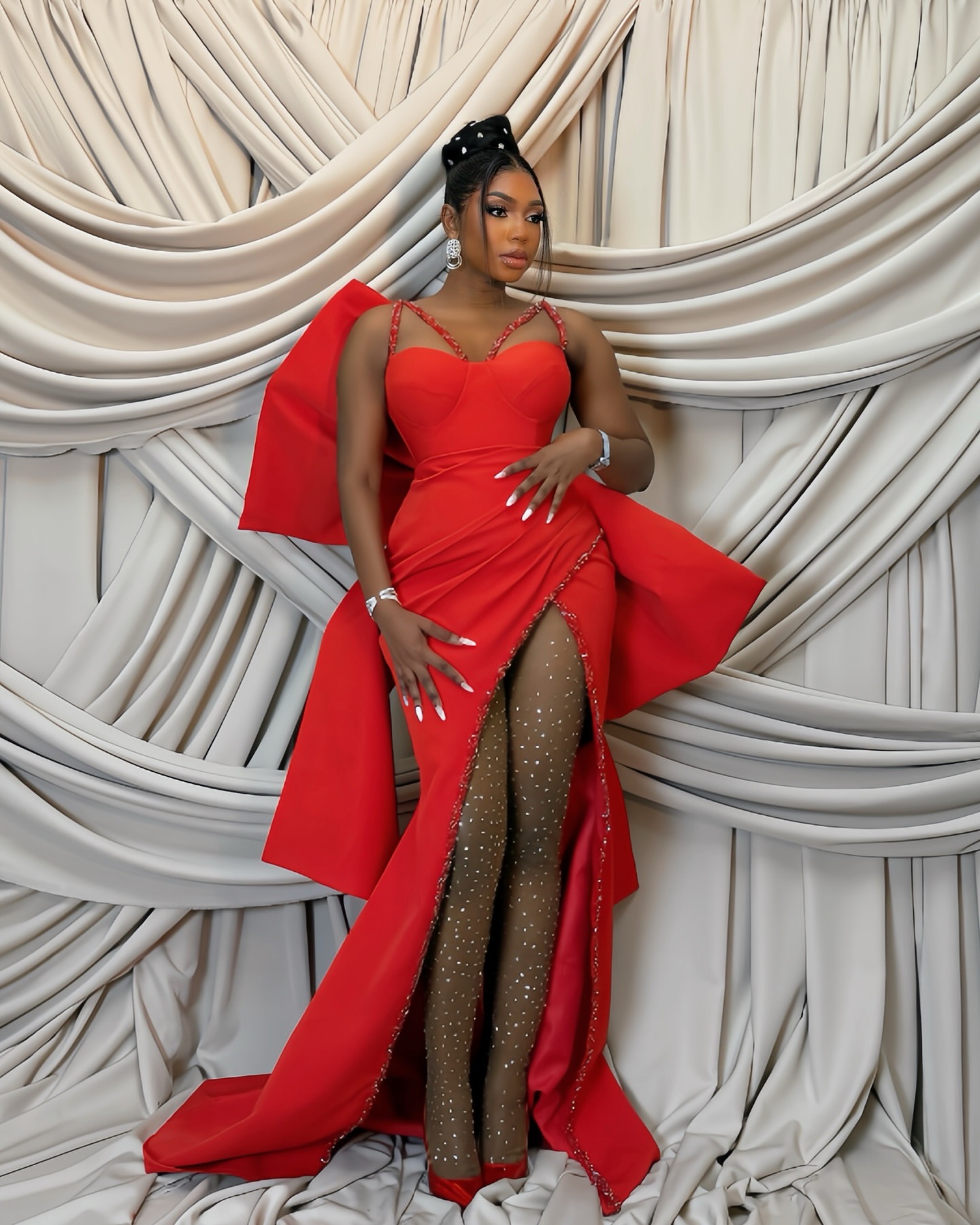 2026 Red Africa Aso Ebi Mermaid Prom Dress Beaded Crystals High Split Satin Bow Promdress Evening Formal Party Second Reception Birthday Engagement Go - view 3