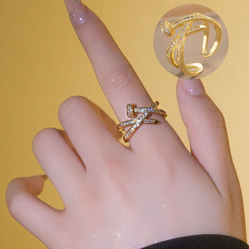 Full Diamond Zircon Belt Nail Stacking Open Niche Design Personality Ins High-End Sense Ring