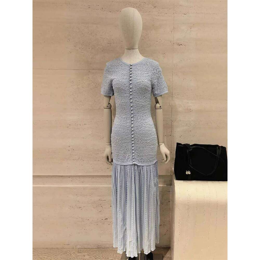 Blue Or White Women Single Breasted Slim Knit Midi Dress High Waist Splices Short Sleeve Lady Pearl Decoration Robe Spring Mdng260223
