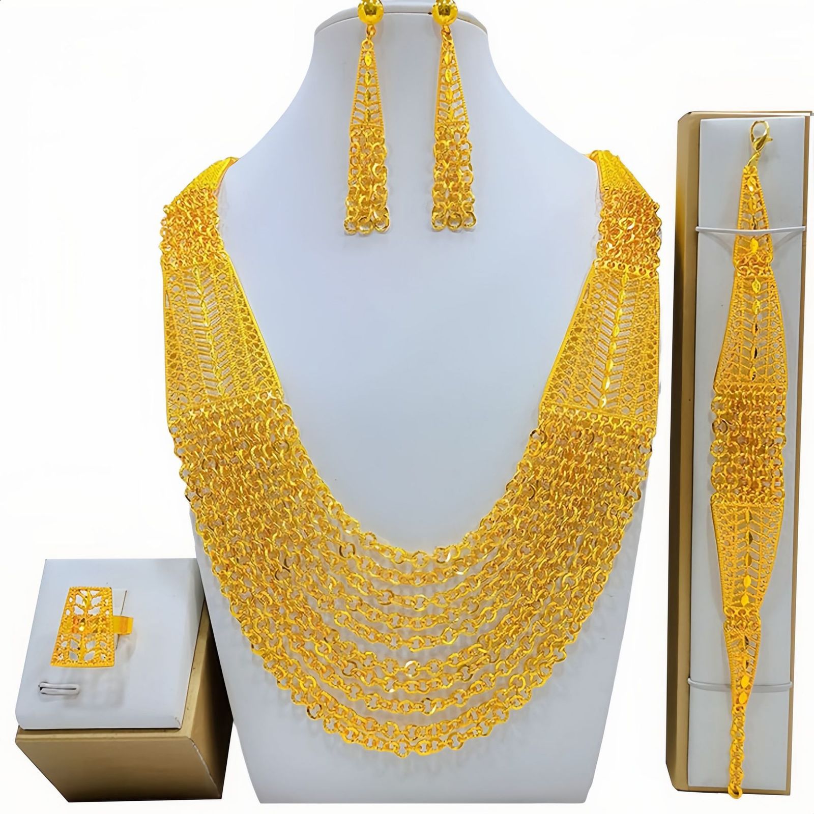 New 24K Gold Plated Dubai bride Necklace Earring Ring Bracelet Set Indian womens jewelry set 250626