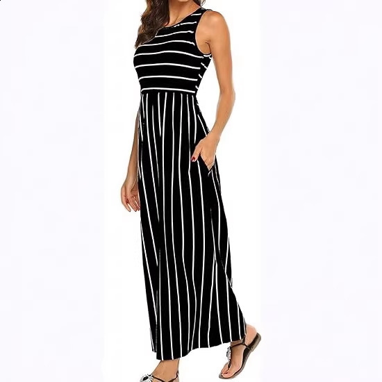 Womens Summer Sleeveless Striped Flowy Casual Long Dress with Pockets 240812