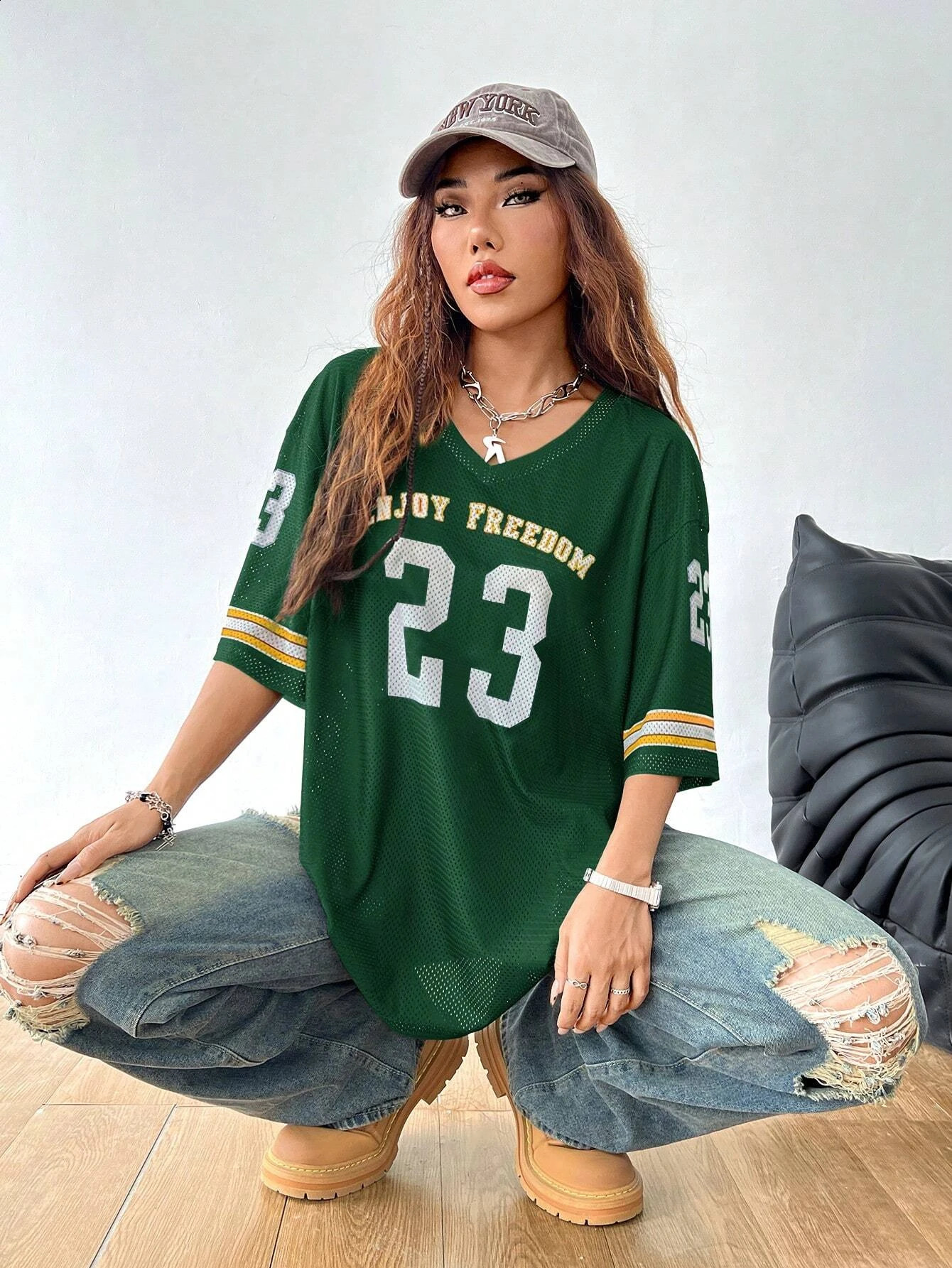 Summer Black Enjoy Freedom 23 Print TShirt For Women VNeck Short Sleeve Mesh Sports Football Jersey Y2K Oversized Tops 260126