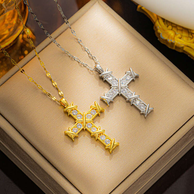 Light Luxury Niche Women's Personalized Necklace Simple Retro Micro-Inlaid Zircon Cross Pendant Collarbone Necklace