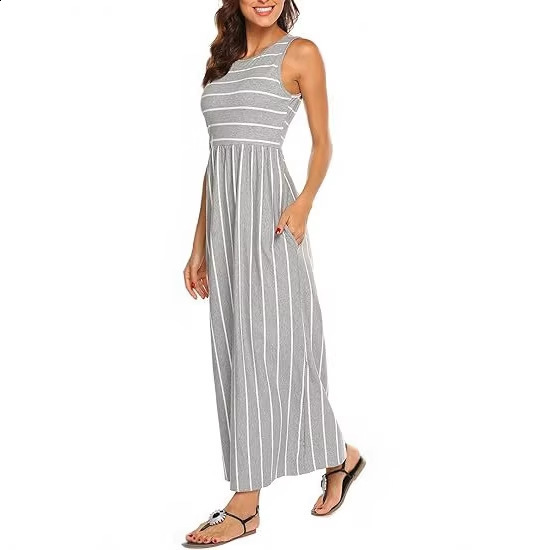 Womens Summer Sleeveless Striped Flowy Casual Long Dress with Pockets 240812