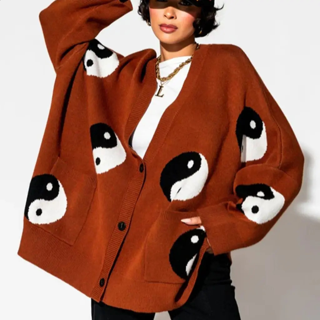 Combhasaki Womens Y2K Vintage Sweater Cardigan Tops Long Sleeve Button Up Deep VNeck PlaidYin Yang Print Loose Knitwear Coats 260126