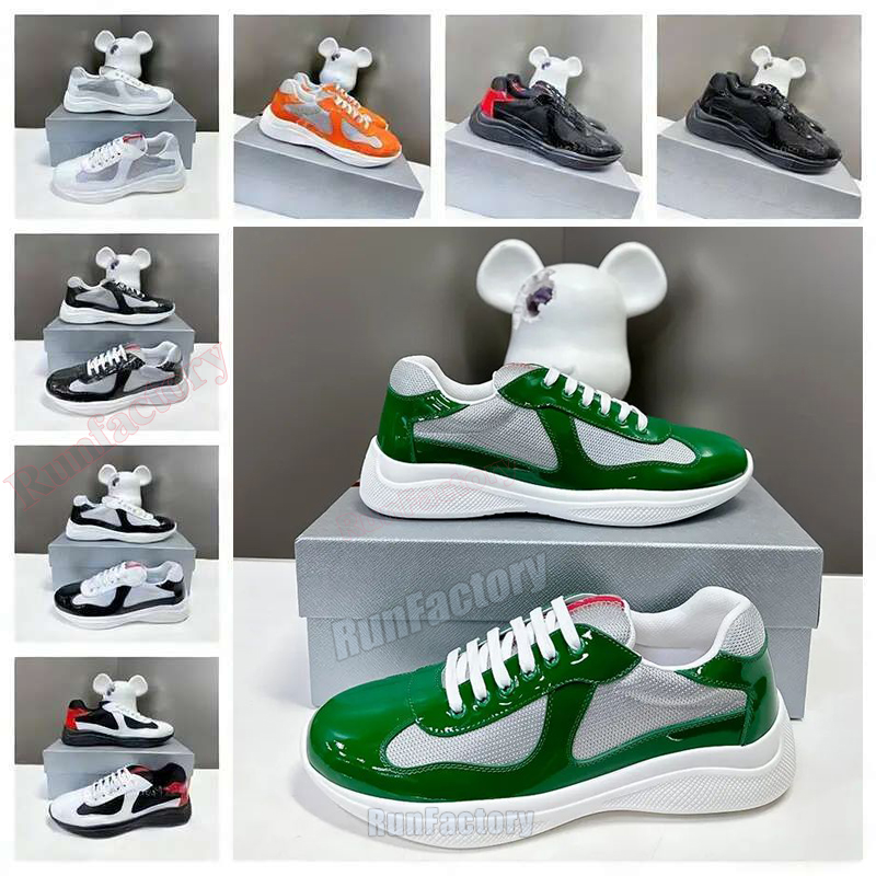 Designer Shoes Mens Shoes Womens Sneakers Classic Casual Shoes Bright Leather Nylon Outdoor Trainers Comfortable Breathable Americas Cup Running Shoes Mesh Shoe