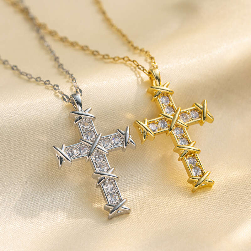 Light Luxury Niche Women's Personalized Necklace Simple Retro Micro-Inlaid Zircon Cross Pendant Collarbone Necklace