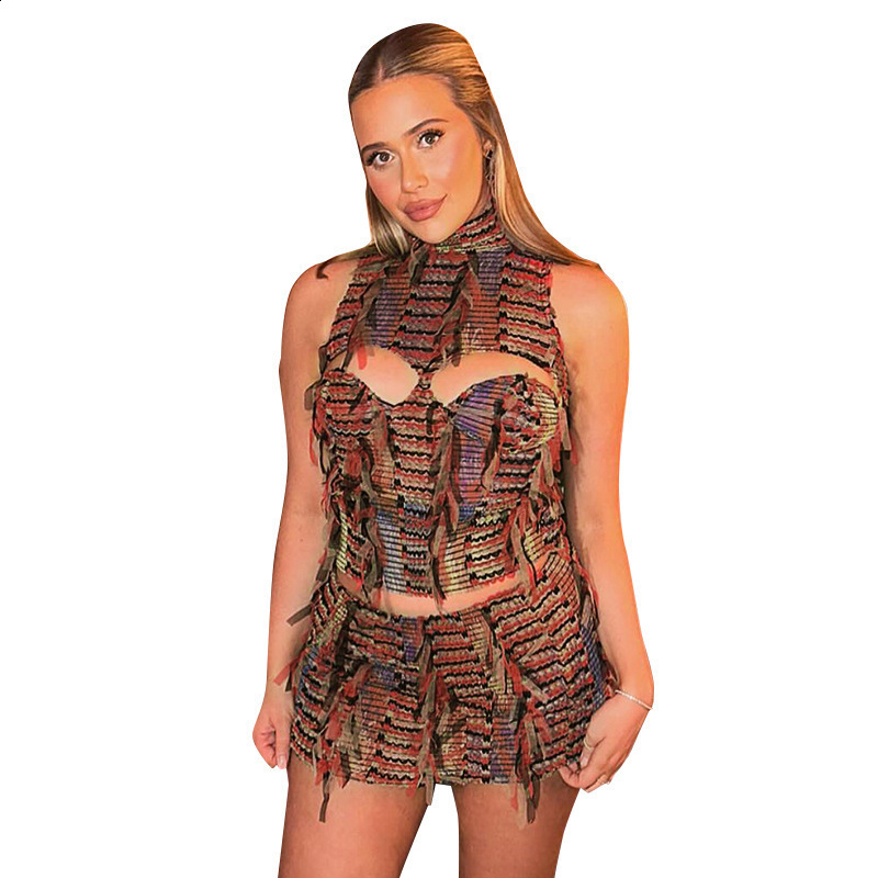 Kliou Panelled Tassel Midi Dress Womens Unique Backless Sleeveless Sexy Cleavage Skinny Vestitos Womens Amazing Street Party Dress 250107