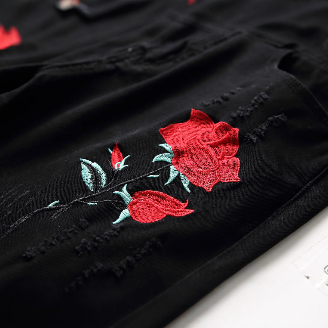 Summer Skinny Jeans Men Fashion Flower Embroidery Men Jeans Casual Slim Fit Black Hip Hop Denim Pants Men Trousers 34 201111