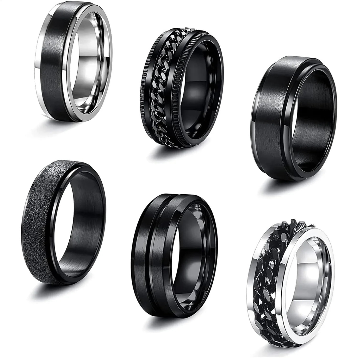 Bobisty 6Pcs Black Spinner Rings for Men Women Stainless Steel Fidget Anxiety Stress Relieving Ring Set Wedding Rings Size7-13 260129