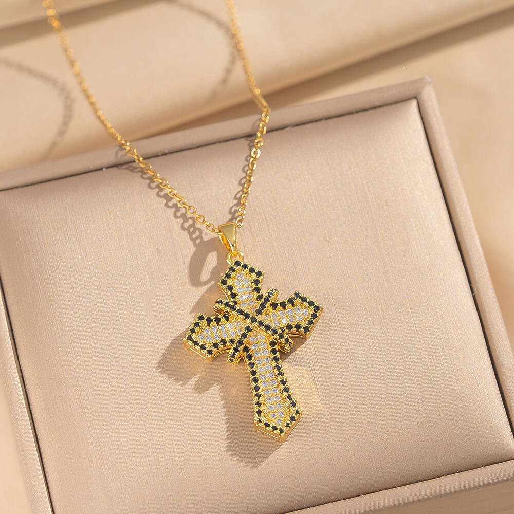 New Copper Gold-Plated Cross Necklace Jewelry Trend Versatile Inlaid
