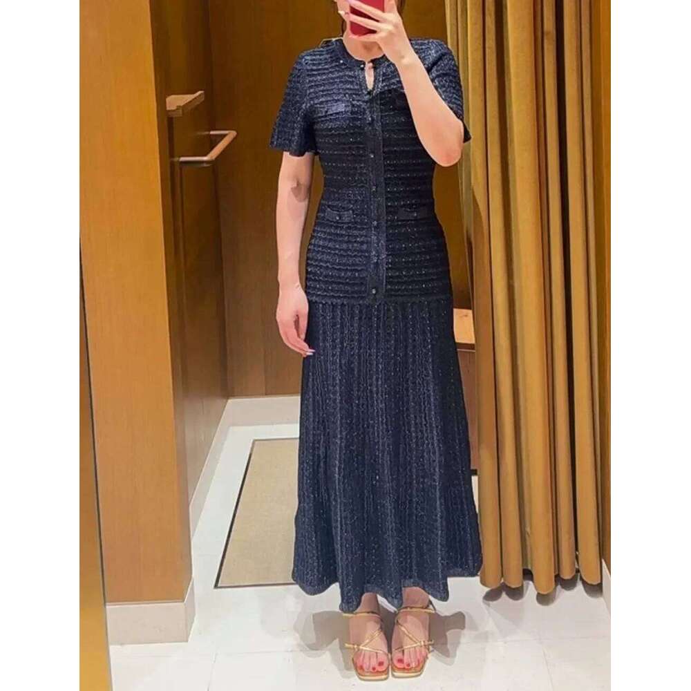 Spring New Women Fashion Hot Diamond Threaded Knitted Dress High Waist Short Sleeve Pleated Robe For Lady Mdng260223