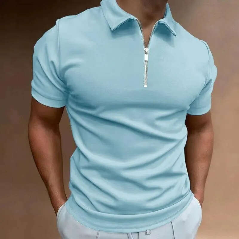 Men's Polo Shirts Solid Color Short Sleeve Zip Collar Casual Top High Quality Summer Street wear by Harajuku