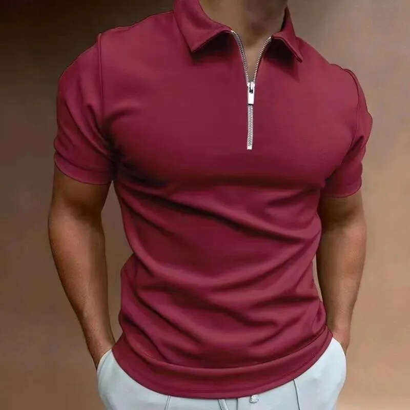 Men's Polo Shirts Solid Color Short Sleeve Zip Collar Casual Top High Quality Summer Street wear by Harajuku