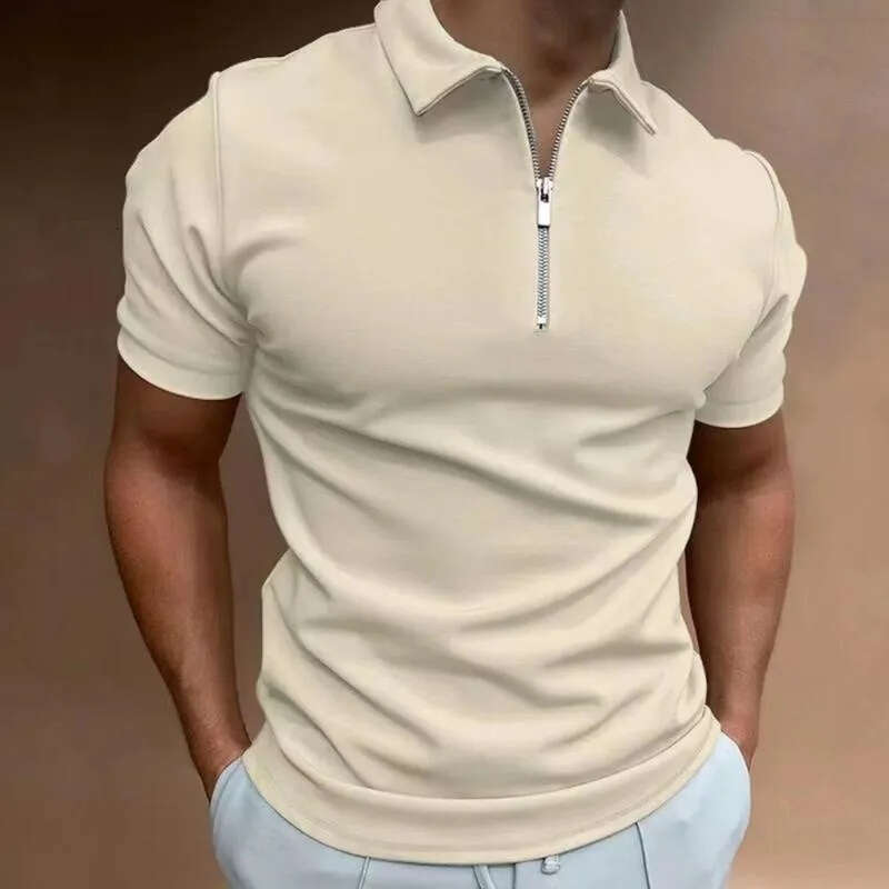Men's Polo Shirts Solid Color Short Sleeve Zip Collar Casual Top High Quality Summer Street wear by Harajuku