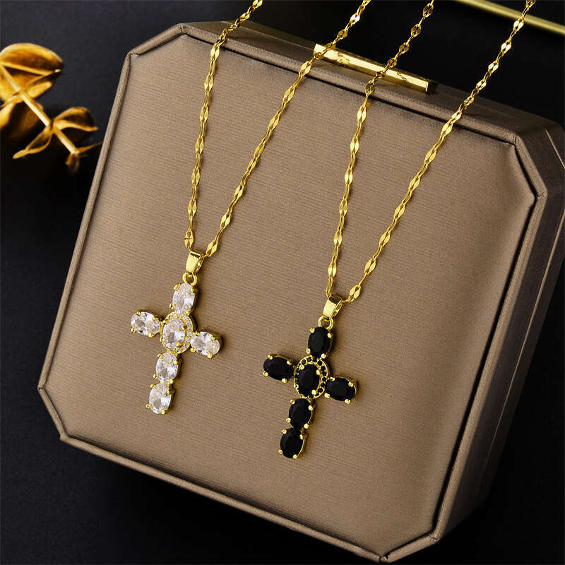 Copper Micro-Inlaid Zircon Multi-Color Cross Pendant Hip-Hop Necklace Clavicle Chain