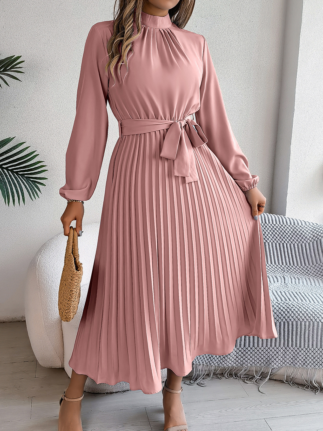 2026 SpringSummer Elegant Stand Collar Long Sleeve WaistCinching Pleated Long Dress Womens Clothing 241205