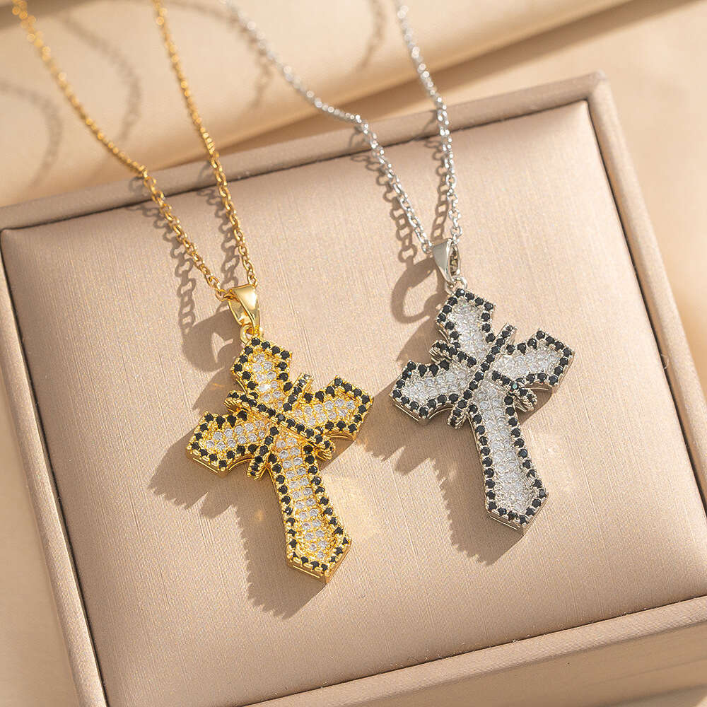 New Copper Gold-Plated Cross Necklace Jewelry Trend Versatile Inlaid