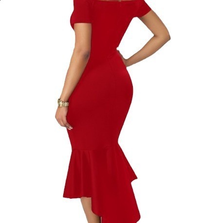 summer womens dress short sleeve off shoulder Vneck irregular hem long skirt banquet slim fit 210331