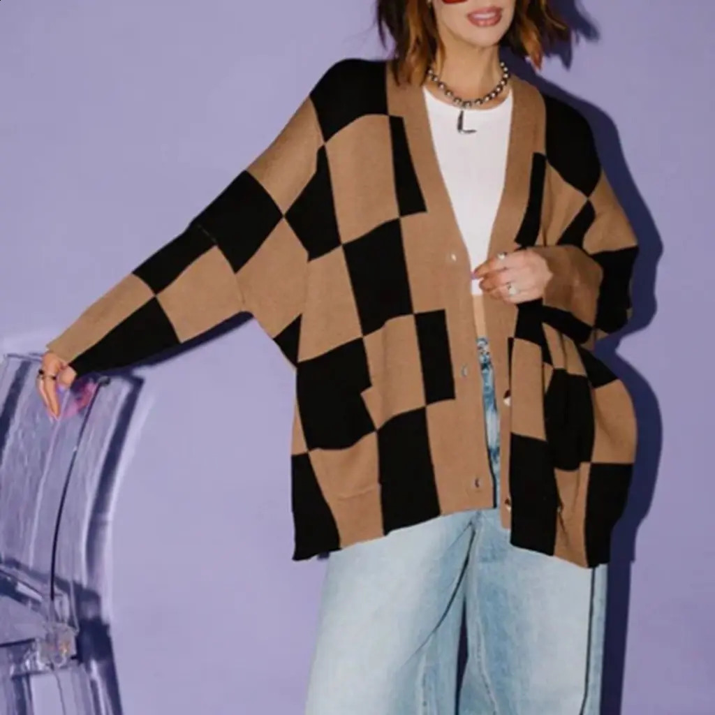 Combhasaki Womens Y2K Vintage Sweater Cardigan Tops Long Sleeve Button Up Deep VNeck PlaidYin Yang Print Loose Knitwear Coats 260126