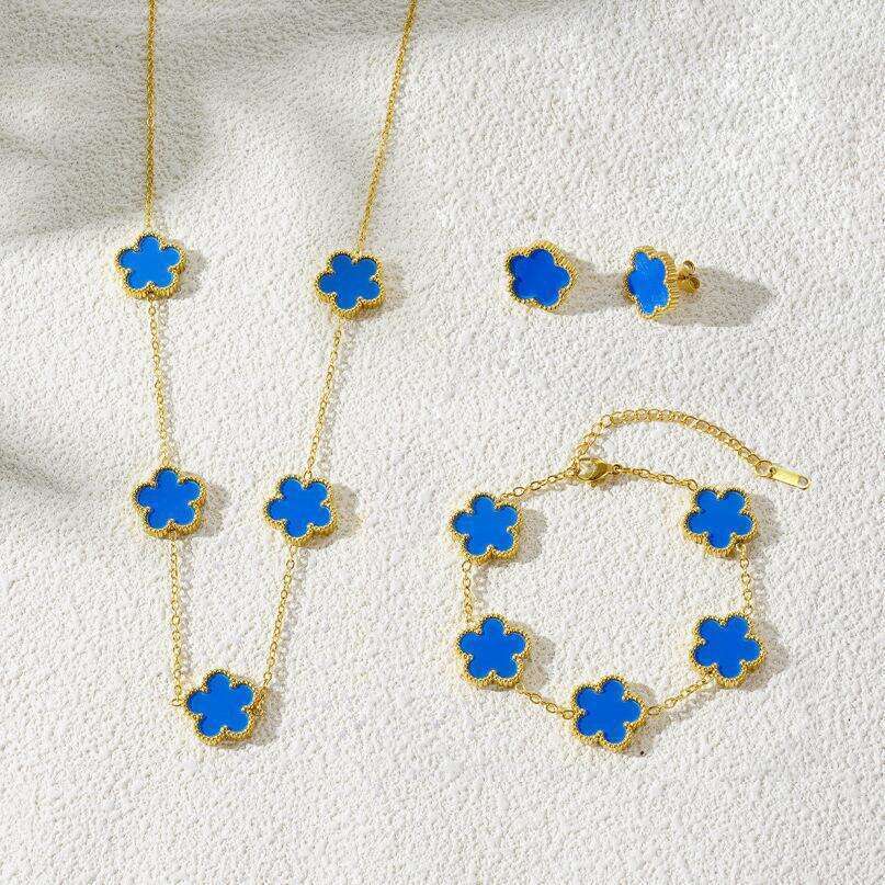 Five Leaf Clover Jewelry Set for Women Gold Blue Necklace Earrings Bracelet European American Style Fashion Versatile Jewelry Free Shipping