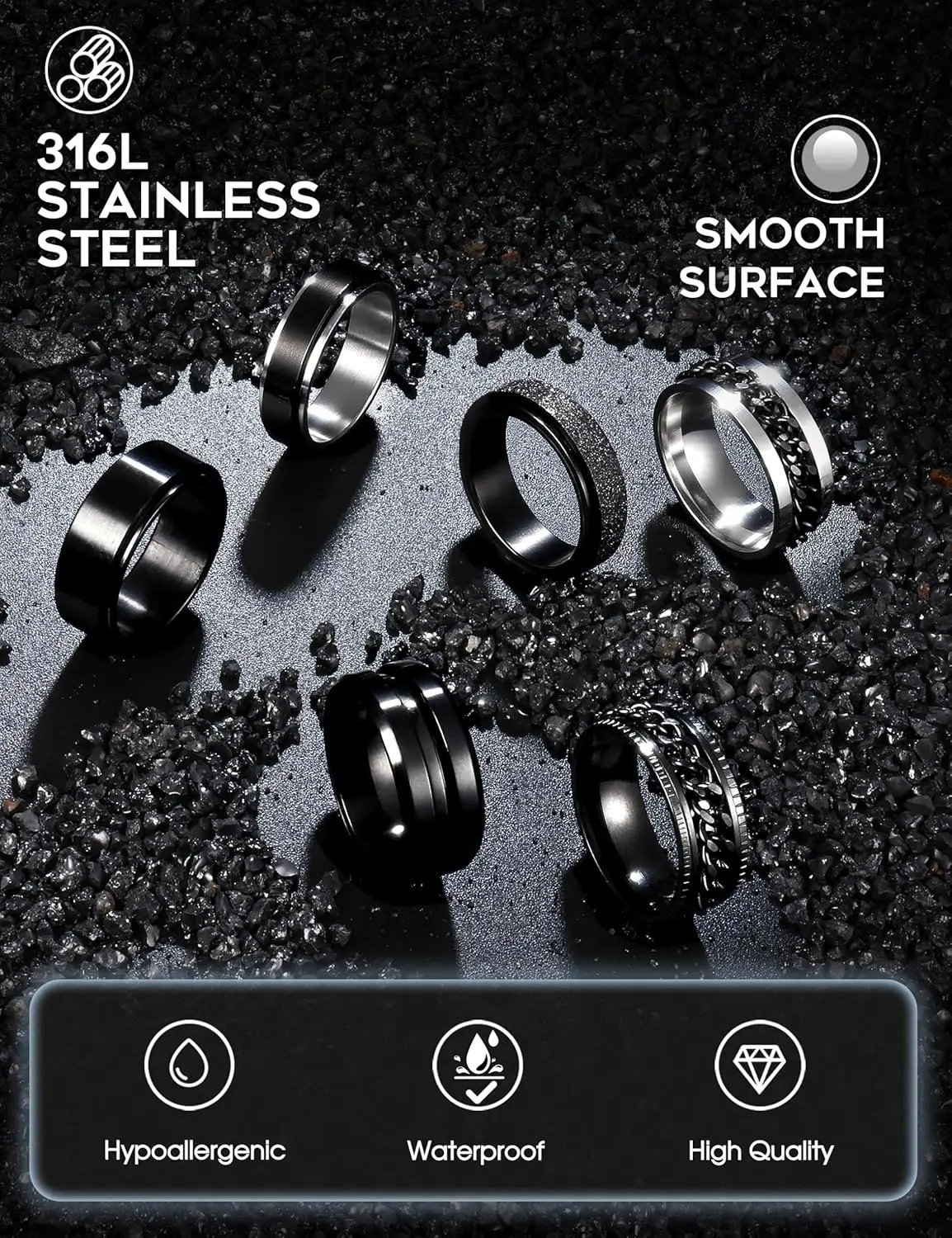 Bobisty 6Pcs Black Spinner Rings for Men Women Stainless Steel Fidget Anxiety Stress Relieving Ring Set Wedding Rings Size7-13 260129