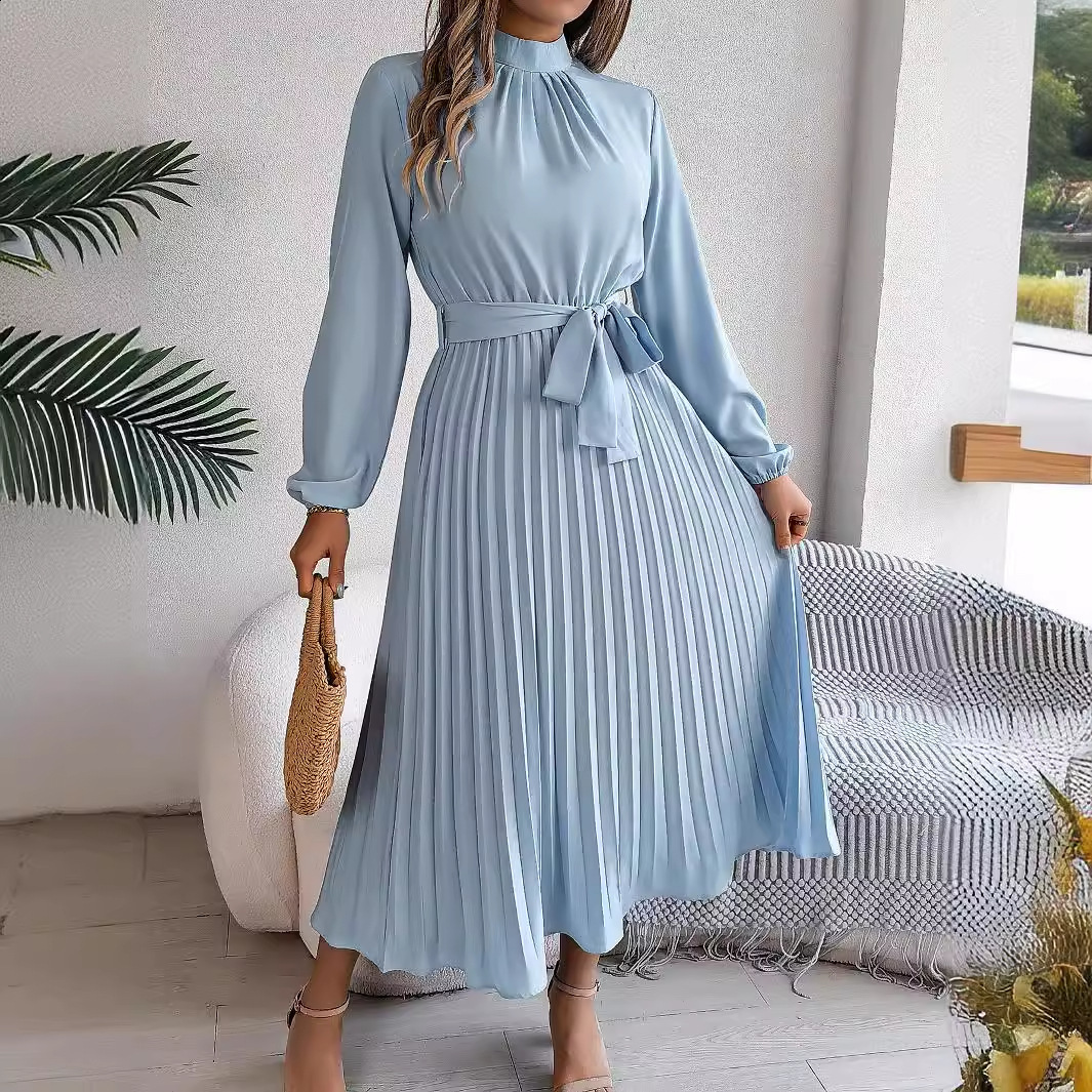2026 SpringSummer Elegant Stand Collar Long Sleeve WaistCinching Pleated Long Dress Womens Clothing 241205