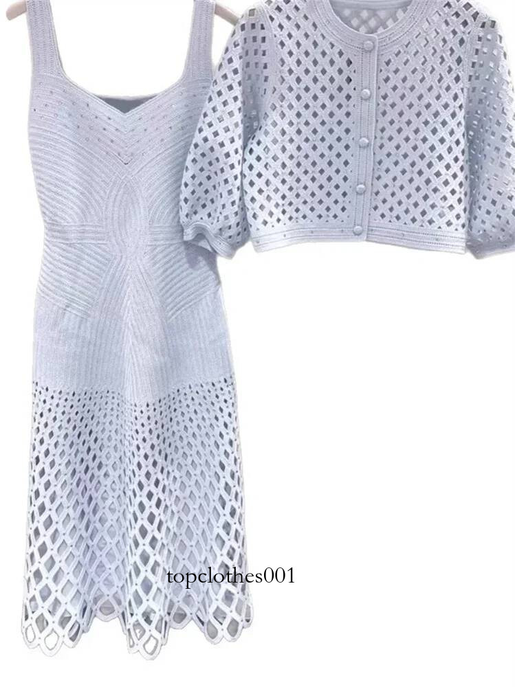 Diamond Decoration Hollow Out Women's Knitted Cardigan Coat Single-Breasted Top or Camisole Midi Dress Strap Robe for Female