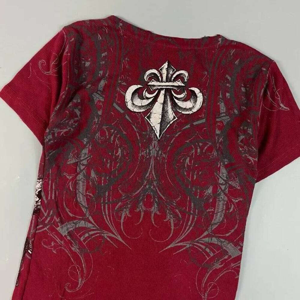 ZHE HAN 90S Affliction Retro Red Shirt Men Style Streetwear Tee Gothic Skull Cross Print Trendy Graphic T Shirts American Fashion Tops