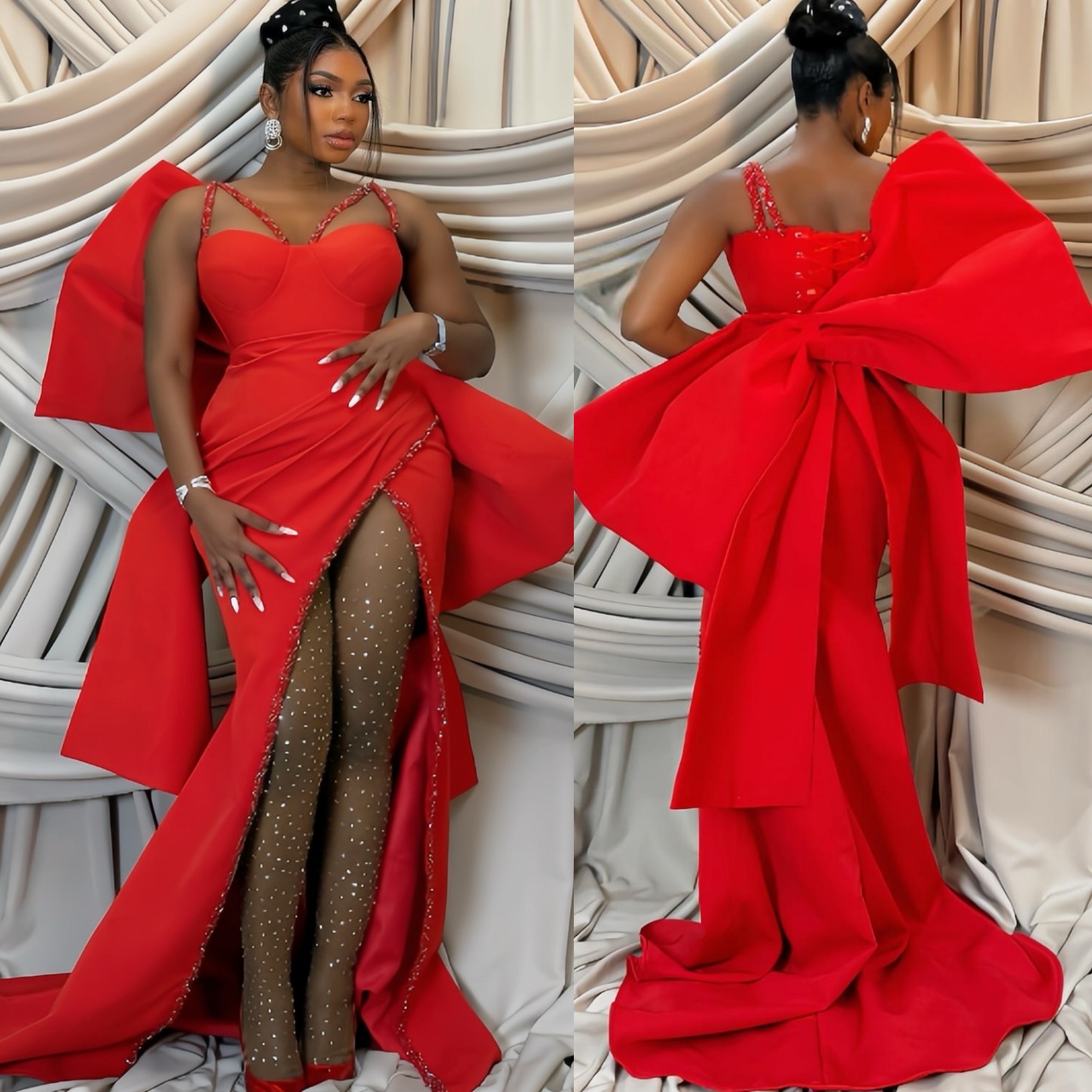 2026 Red Africa Aso Ebi Mermaid Prom Dress Beaded Crystals High Split Satin Bow Promdress Evening Formal Party Second Reception Birthday Engagement Gowns Dresses