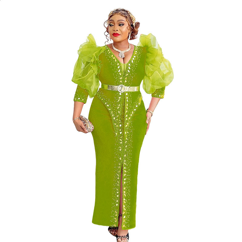 Stylish womens slim-fit dress with puff sleeves long sleeves rhinestone embellishments intricate craftsmanship and a belt 250411