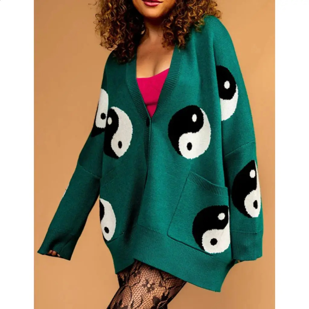Combhasaki Womens Y2K Vintage Sweater Cardigan Tops Long Sleeve Button Up Deep VNeck PlaidYin Yang Print Loose Knitwear Coats 260126