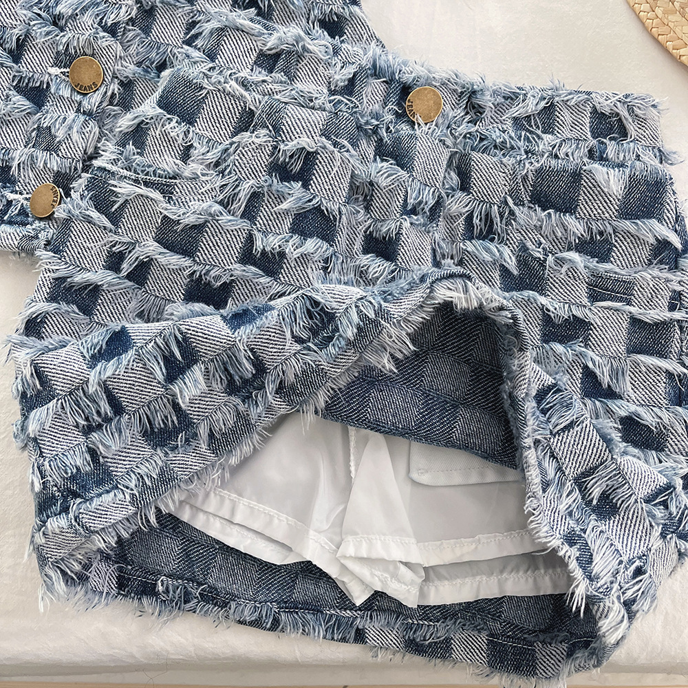 2026 New Designer Luxury Brand Summer Brushed Plaid Denim Vest Skirt Breathable Set Baby Fashion Style Lapel Set 6517
