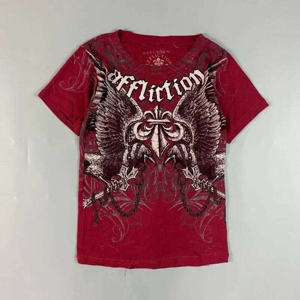 ZHE HAN 90S Affliction Retro Red Shirt Men Style Streetwear Tee Gothic Skull Cross Print Trendy Graphic T Shirts American Fashion Tops