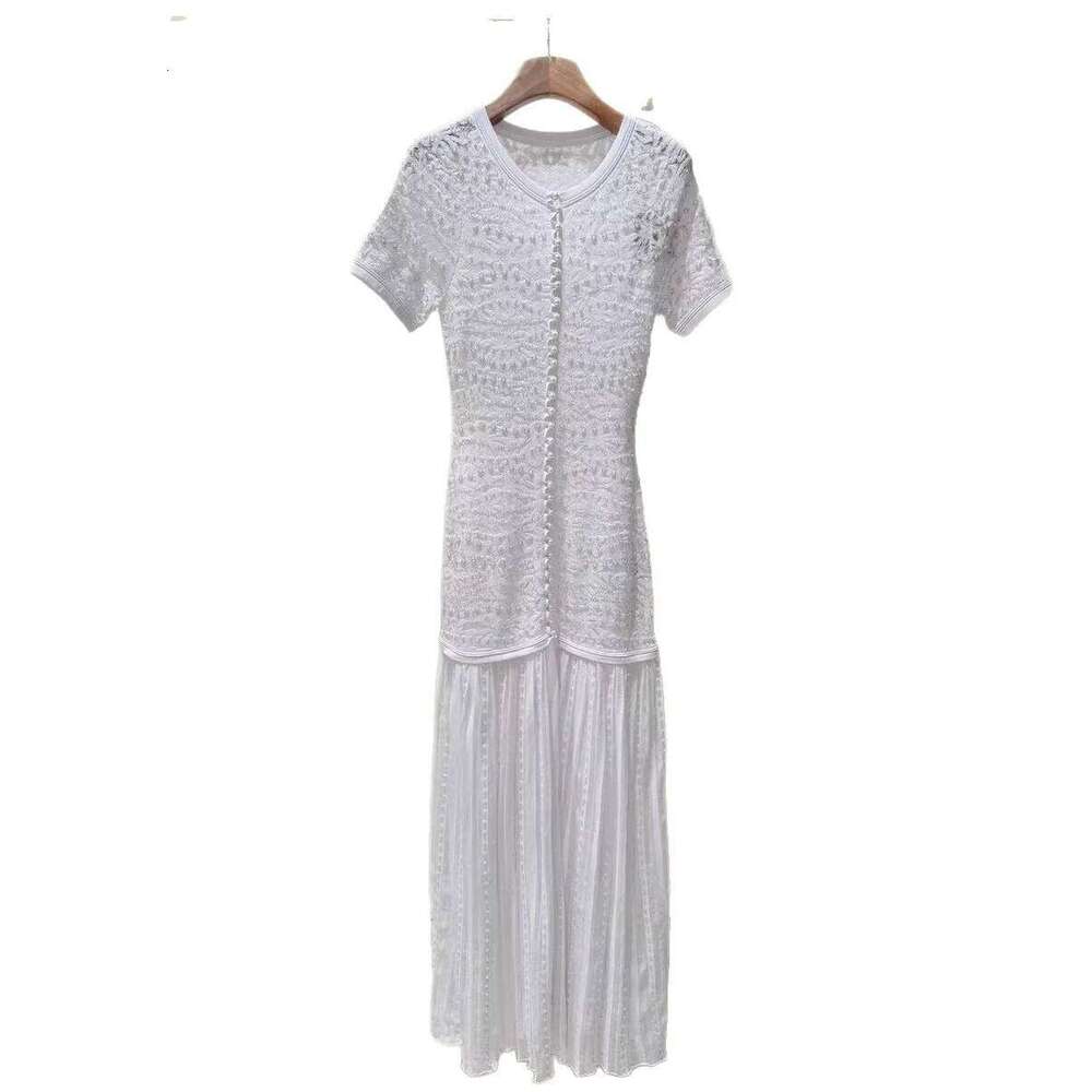 Blue Or White Women Single Breasted Slim Knit Midi Dress High Waist Splices Short Sleeve Lady Pearl Decoration Robe Spring Mdng260223